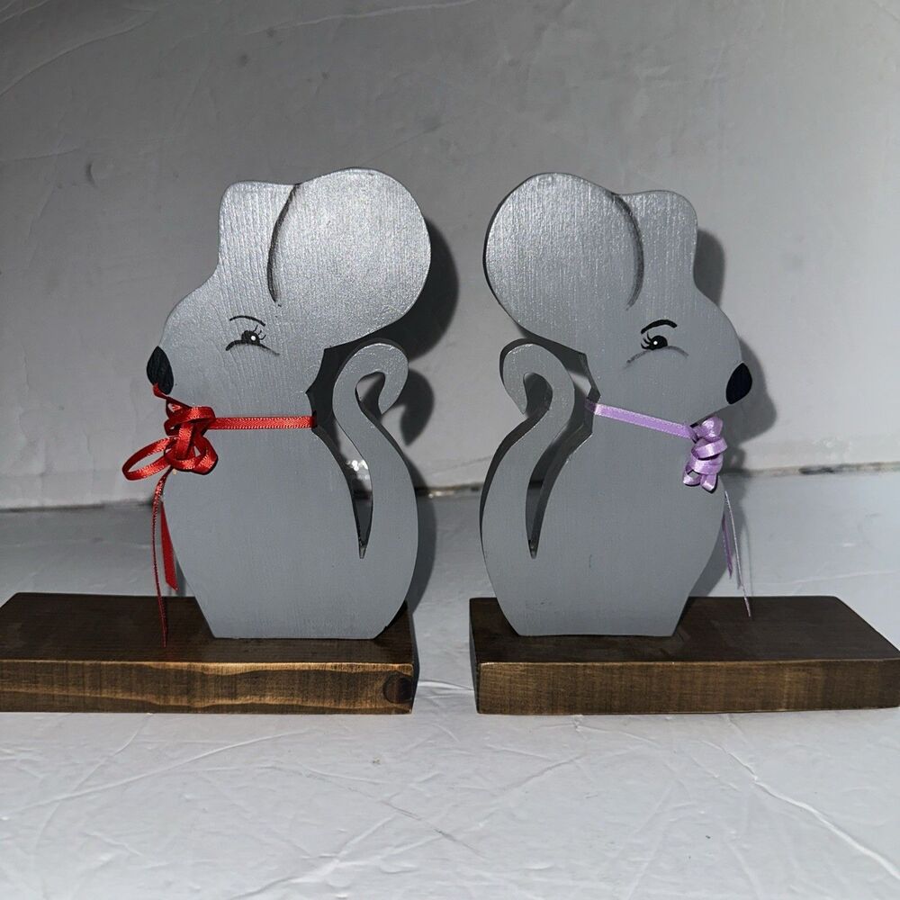 VTG Mice Bookends Wood Painted Hand Crafted Grey Decor 6x7 DIY Craft‎ Mouse Fun